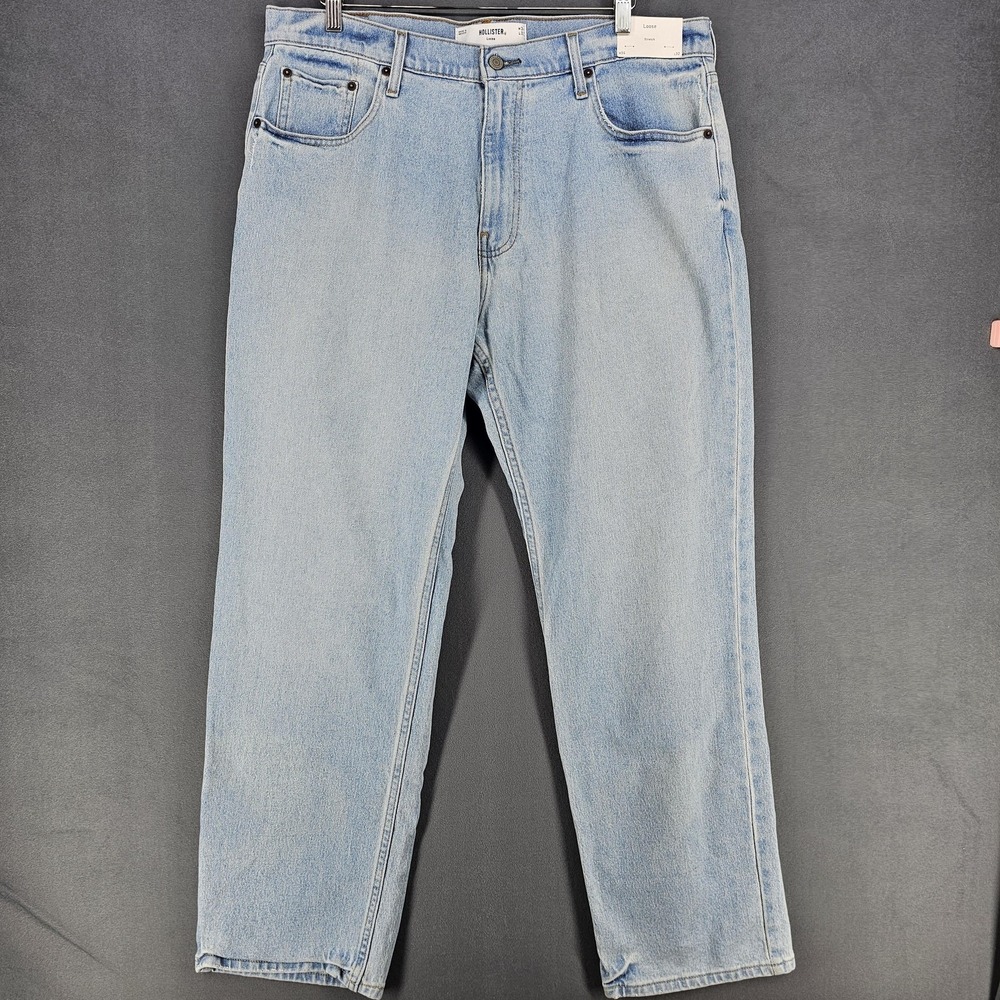 Hollister Loose Jeans Mens 34x32 Blue Light Wash Relaxed Straight Stretch Denim